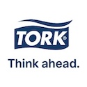 Das Bild zeigt das Tork-Logo in Blau und Weiß, mit „TORK“ in Großbuchstaben in einer wellenförmigen Form. Unter dem Logo steht in blauer Schrift „Think ahead“. Ideal für Büroreinigungsdienste in Hamburg.